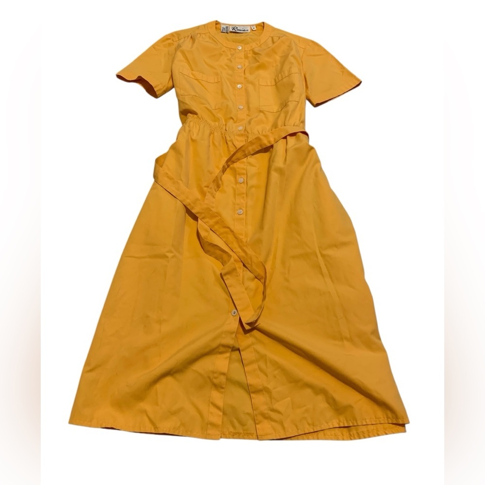 VINTAGE 80s Rouie Yellow Midi Shirt Dress with Belt Short Sleeve Size 12
